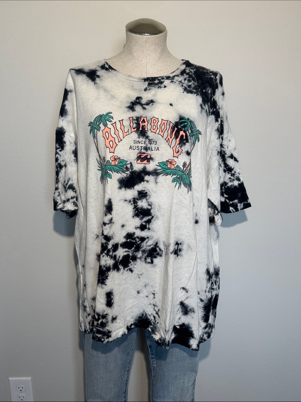 Billabong Black & White Tie-Dye Tee with Coral and Green Logo